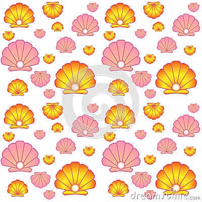 Scallop shells. Seamless vector pattern with golden and pink shells with pearls and without. Seamless pattern with scallops Vector Illustration