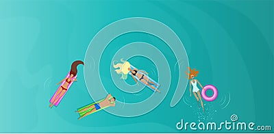 Four young people in bikini and swimwear relaxing in water with pool rafts and rubber ring. Vector Illustration