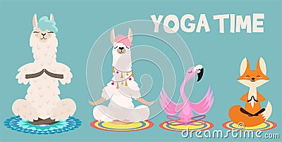 Animal meditation set: llama, fox and flamingo. Vector elements Can be used as stickers. Vector Illustration
