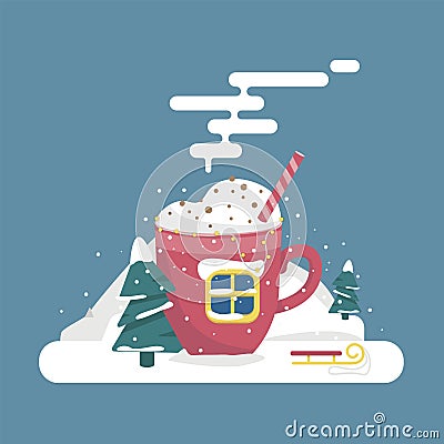 Winter is coming. An elegant cup with a drink and foam, in the form of a house in the woods, with a fun pipe. vector. Vector Illustration