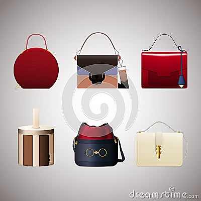 Set of stylish women`s handbags. Trendy leather accessories of different types isolated on gray background. Colorful vector illust Vector Illustration