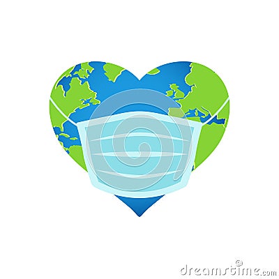 Planet Earth in a hearth shape wearing medical mask Vector Illustration