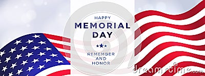 Memorial Day holiday banner, USA flag waving on bright background. Design template for sale, discount, Vector Illustration