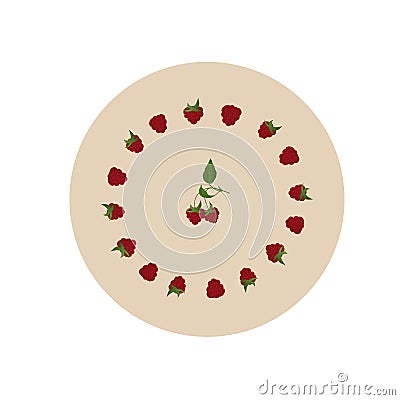 Circle of red berries. Pattern of raspberries, white flowers in the shape of a circle. Stock Photo