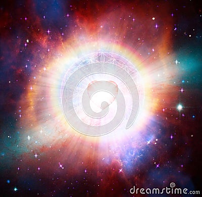 Spiritual love healing energy, power, diamond heart grid, flower of life, evolution, transformation Stock Photo