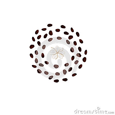 Pattern of brown coffee beans with a white flower. Vector Illustration