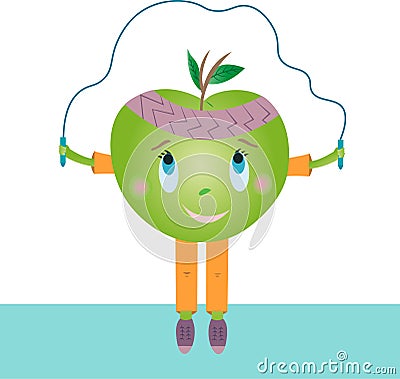 Green juicy apple jump rope. Vector Illustration