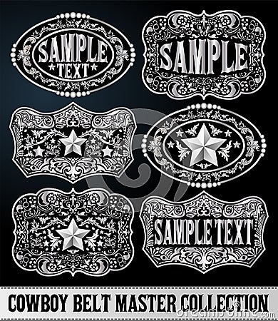 Western Style Cowboy Belt Buckle Label Master Collection Set. Vector Illustration