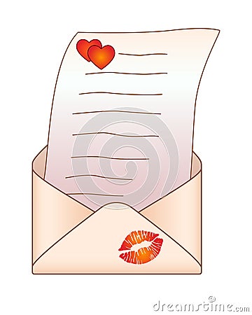 Open envelope with a love message - vector full color picture. Envelope with a letter, hearts and imprint of lipstick. Picture for Vector Illustration