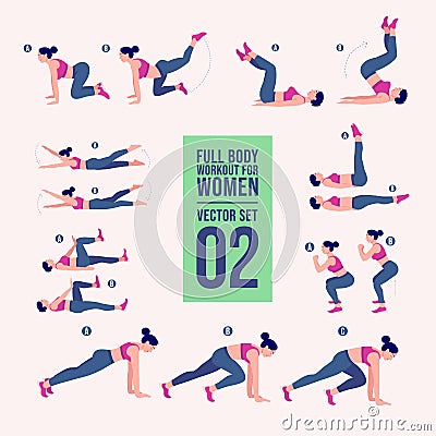 Woman full body workout fitness, aerobic and exercises set. Vector Illustration. Vector Illustration