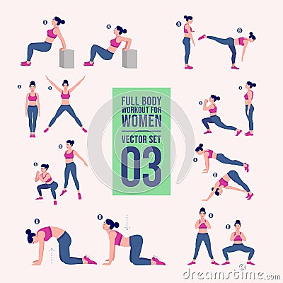 Woman full body workout fitness, aerobic and exercises set. Vector Illustration. Vector Illustration