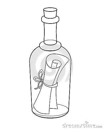 Letter in a bottle - vector linear picture for coloring. Bottle mail - a closed bottle with a scroll tied with a ribbon inside it. Vector Illustration