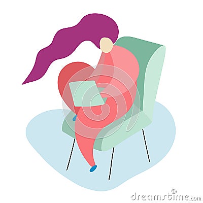 Illustration of a girl sitting in a chair and working at a laptop, spending time at home concept, freelance, work at home Vector Illustration