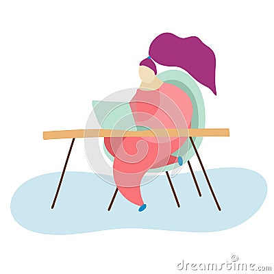 Illustration of a girl sitting at a table and working at a laptop, spending time at home concept, freelance Vector Illustration