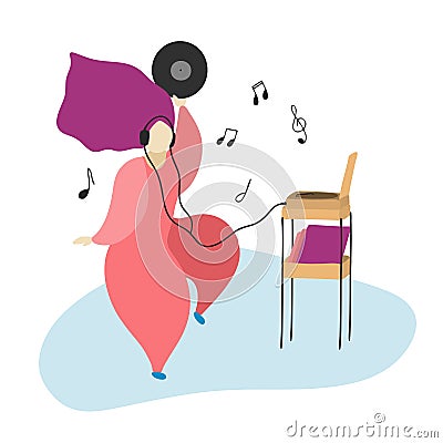 Illustration of a dancing girl who listens to music on a player, has fun at home Vector Illustration