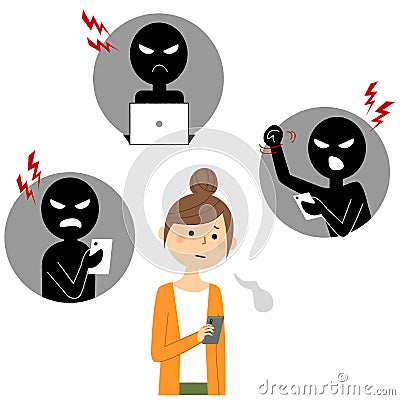 Illustration of a woman tired of interacting with social network services. Vector Illustration