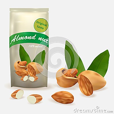 Realistic almond nut vector packaging. Vector Illustration