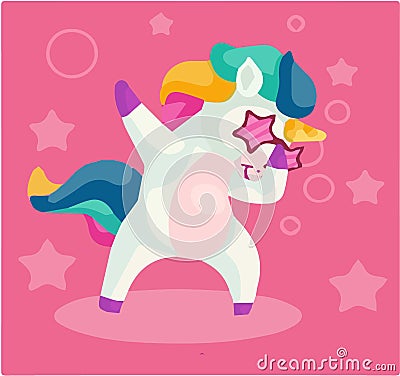 DANCING UNICORN ON A PINK BACKGROUND, FUNNY Stock Photo