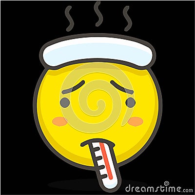 Patient holding thermometer in mouth, high fever Cartoon Illustration