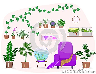 A room with potted flowers, a chair, an aquarium Vector Illustration