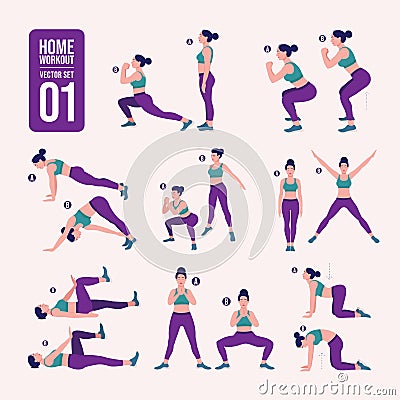 Home workout set. Set of sport exercises. Exercises with free weight.Illustration of an active lifestyle. Woman doing fitness and Stock Photo