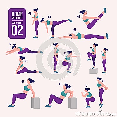 Home workout set. Set of sport exercises. Exercises with free weight.Illustration of an active lifestyle. Woman doing fitness and Vector Illustration
