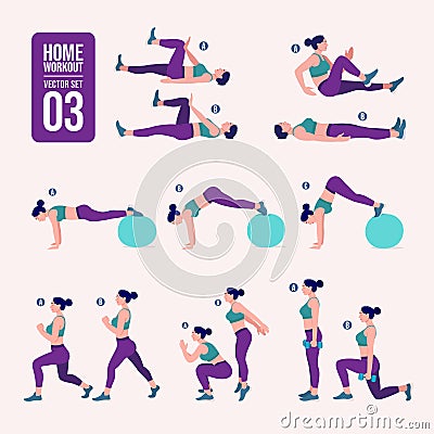 Home workout set. Set of sport exercises. Exercises with free weight.Illustration of an active lifestyle. Woman doing fitness and Vector Illustration