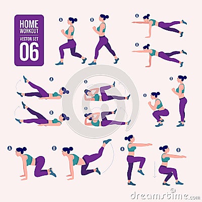 Home workout set. Set of sport exercises. Exercises with free weight.Illustration of an active lifestyle. Woman doing fitness and Vector Illustration