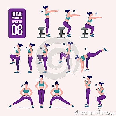 Home workout set. Set of sport exercises. Exercises with free weight.Illustration of an active lifestyle. Woman doing fitness and Vector Illustration