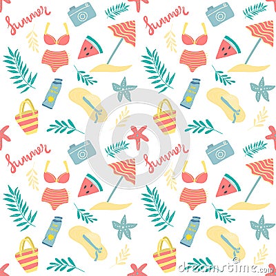 Seamless pattern of various summer elements hat, beach bag, palm leaves, sea starfish, photocamera, watermelon Vector Illustration