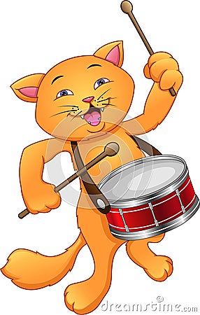 Funny cat playing snare drum Vector Illustration