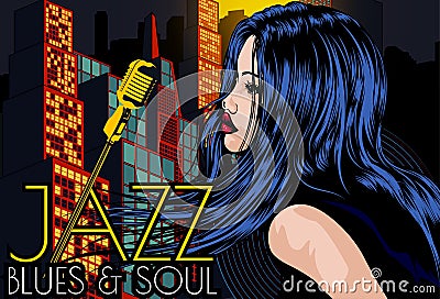 Poster with lights big night city, woman singer and moon. Vector Illustration