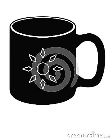 Black silhouette of a cup with the image of the sun - stock vector illustration for a logo or corporate identity. Mug black silhou Vector Illustration