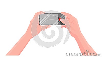 Men holds a smartphone in hands and takes a pictures with phone`s camera. First-person view. Isolated on white background, free sp Vector Illustration