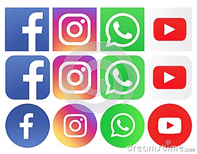 Rounded squared facebook Instagram whatsapp and youtube logos Vector Illustration