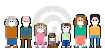 Pixel art family protect from Covid-19 virus with face medical mask. Vector Illustration