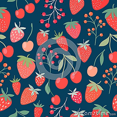 Decorative seamless pattern with strawberries, cherries and currants Vector Illustration