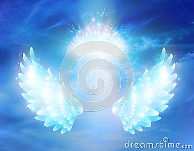 Spiritual guidance, divine energy, Angel of light and love doing a miracle on sky, blue angelic wings Stock Photo