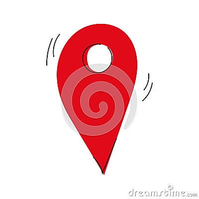 Vector hand drawn illustration of red pinpoint symbol on the map. Pin. Location mark. A point on the map. Geolocation. Navigation. Vector Illustration