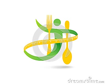 Diet logo - human, measuring tape, fork and spoon Vector Illustration