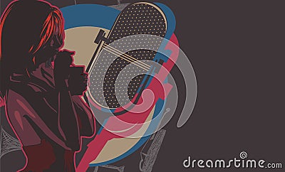 Vintage poster with woman and cocktail. Retrp mic. Vector Vector Illustration