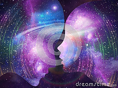 Human male, female bodies, Universe Inspiration Enlightenment Unity consciousness, Yin Yang, twin flames, cosmic lovers Stock Photo