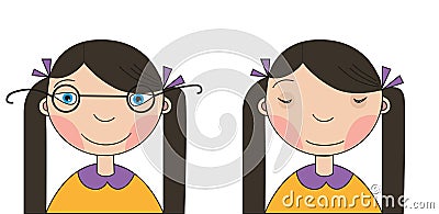 A girl with poor eyesight on one side and glasses on the other Vector Illustration
