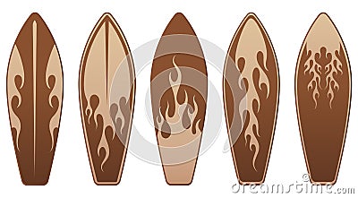 Wooden surf boards with flame designs. Vector Illustration