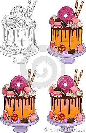 Gradient birthday decorated cakes with cream, chocolate, macaroons and sprinkles Vector Illustration