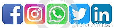 Set of popular social media logos icons Instagram Facebook Twitter WhatsApp linkedin. Vector Illustration