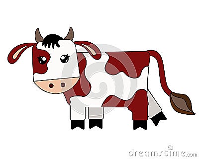 Bull - symbol 2021 - full color, stylized children`s vector illustration. The calf is a cute picture. Brown Spotted Cow - Farm Ani Vector Illustration