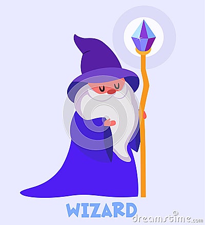 Funny wizard with hat, mantle and magic staff with crystal. Vector magic illustration. Vector Illustration