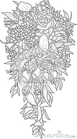 Mix flowers bouquet with roses and small leafs sketch. Vector illustration in black and white. Vector Illustration