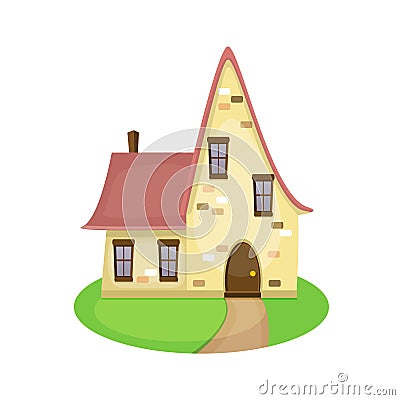 Funny cute fairy yellow brick house in cartoon style Vector Illustration